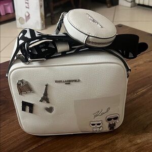 Karl Lagerfeld White Crossbody Bag with pins and Black Strap